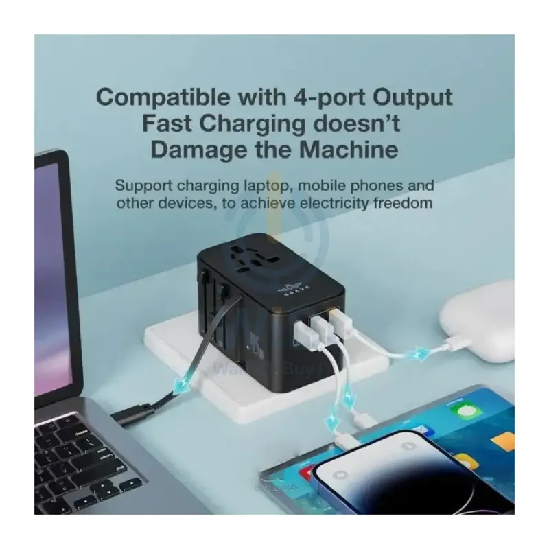 BRAVE Universal Travel Adapter with Retractable Cable - 45W / USB-C / USB-A / Black