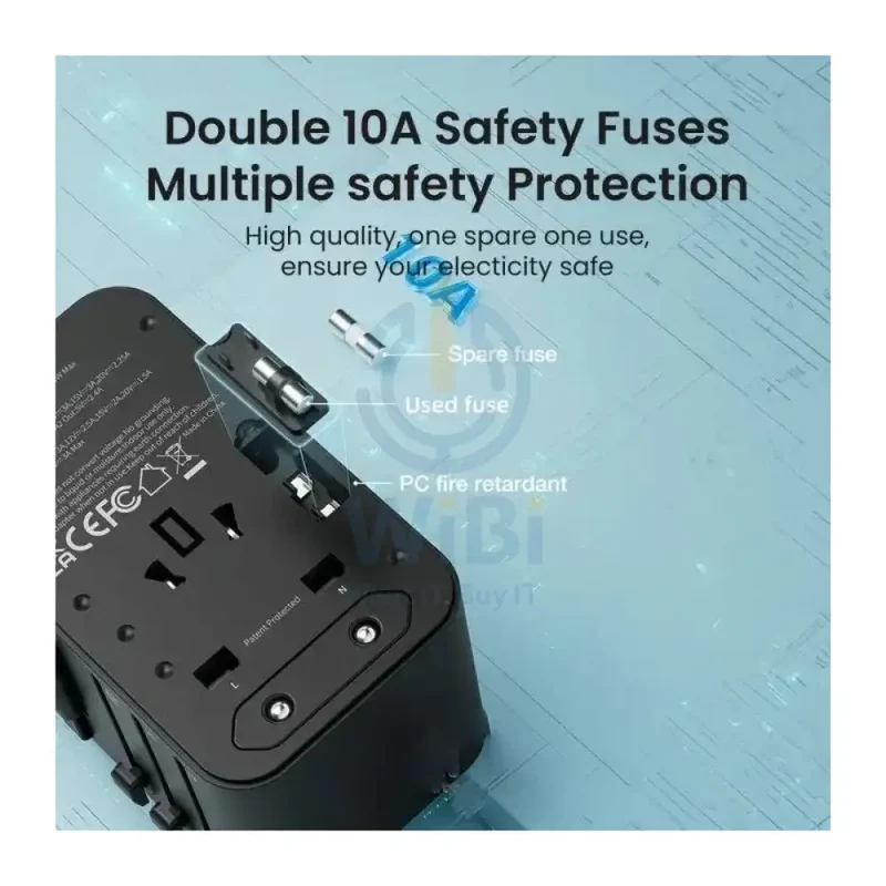 BRAVE Universal Travel Adapter with Retractable Cable - 45W / USB-C / USB-A / Black