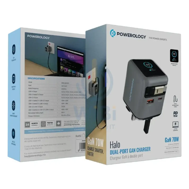 Powerology Halo Dual-Port GaN Charger - 70W / USB-A / USB-C / Grey