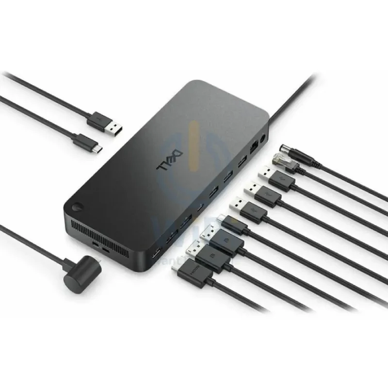 محطة إرساء ديل WD25 برو، بقدرة تصل إلى 100 واط، HDMI 2.1، DisplayPort 1.4، USB-C 3.2 Gen 2، USB-A 3.2 Gen 2، 2.5GbE RJ45، باللون الأسود
