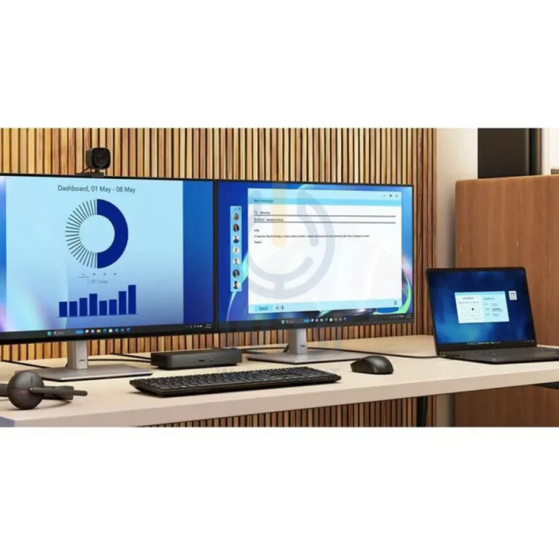 محطة إرساء ديل WD25 برو، بقدرة تصل إلى 100 واط، HDMI 2.1، DisplayPort 1.4، USB-C 3.2 Gen 2، USB-A 3.2 Gen 2، 2.5GbE RJ45، باللون الأسود