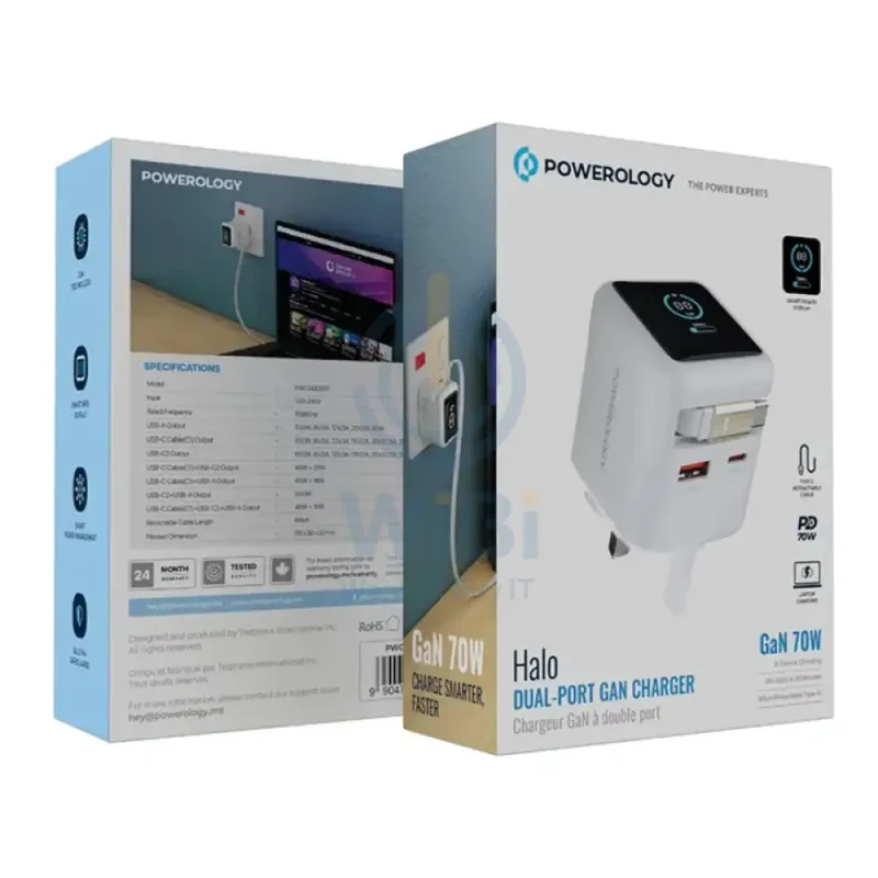 Powerology Halo Dual-Port GaN Charger - 70W / USB-C / USB-A / White