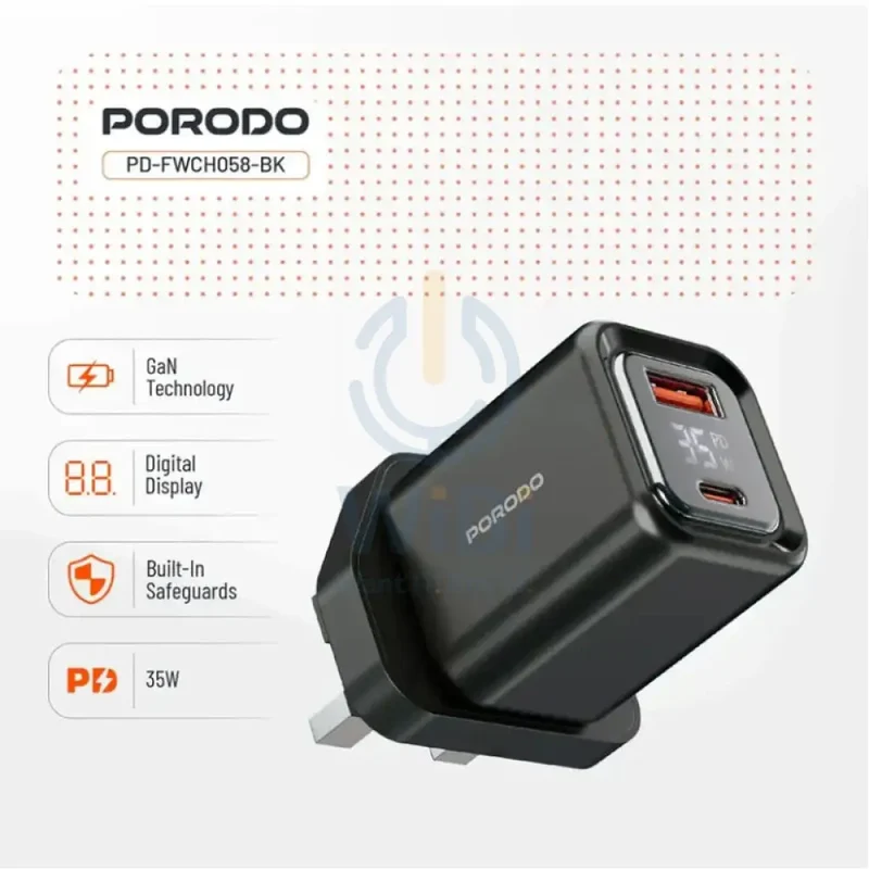 Porodo Dual Port Digital Display Quick Charger - 35W / Black