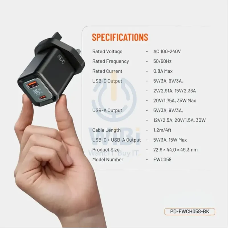 Porodo Dual Port Digital Display Quick Charger - 35W / Black