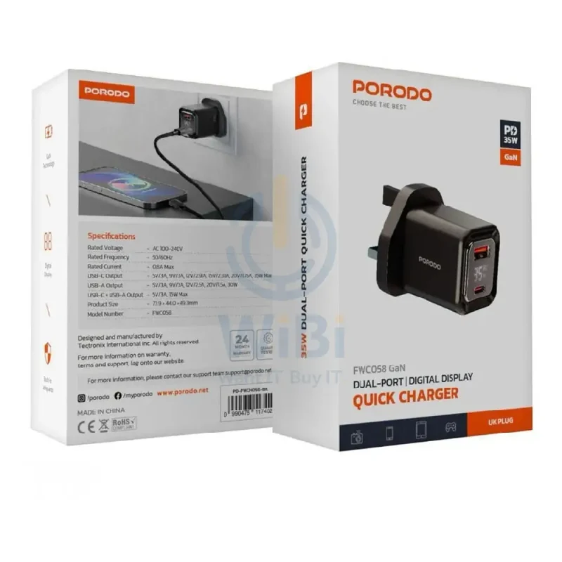 Porodo Dual Port Digital Display Quick Charger - 35W / Black