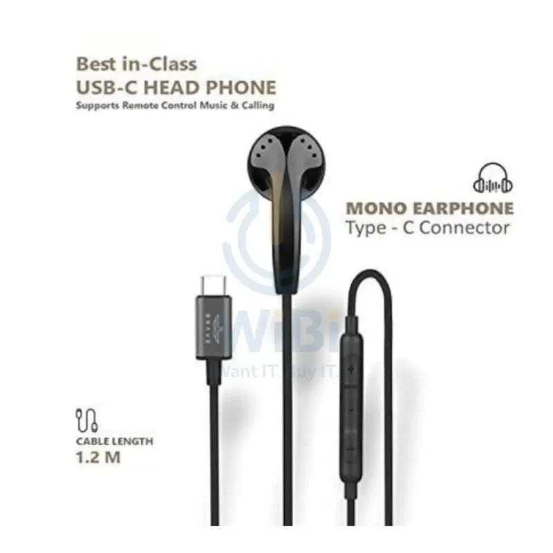 BRAVE Mono Wired Earphone - 1.2 Meter / USB-C / Black