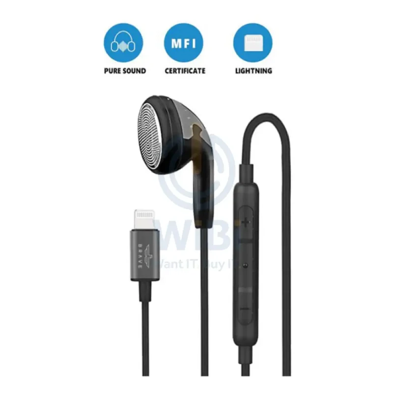 BRAVE Mono Wired Earphone - 1.2 Meter / Lightning / Black