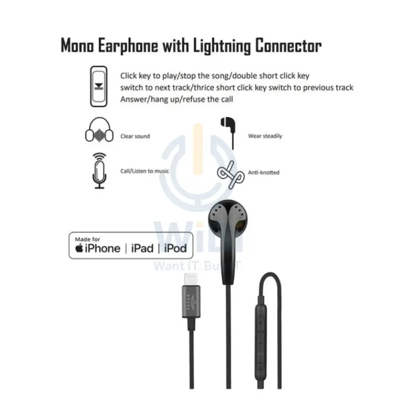BRAVE Mono Wired Earphone - 1.2 Meter / Lightning / Black