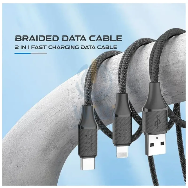 BRAVE 2-in-1 Fast Charging Data Cable - 6A / 1.2 Meter / USB-A / USB-C / Lightning / Black