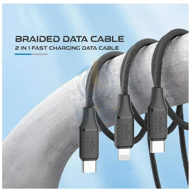 BRAVE 2-in-1 Fast Charging Data Cable - 60W / 1.2 Meter / USB-C / Lightning / Black