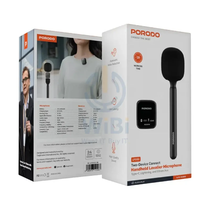 Porodo Two-Device Connect Handheld Lavalier Microphone - Black