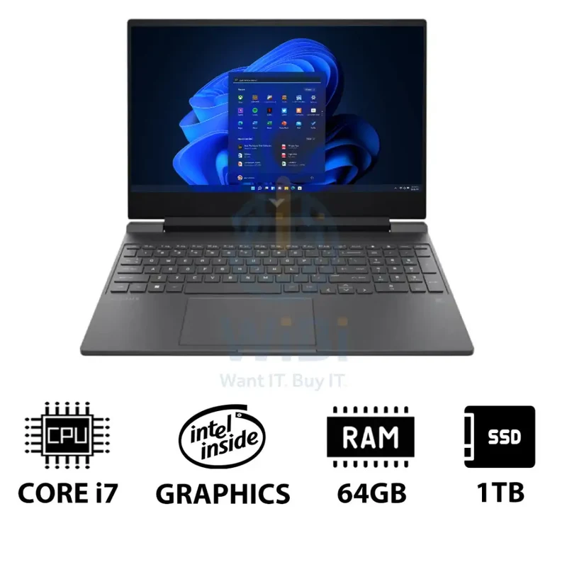HP Victus 15-FA2093DX - 15.6" FHD / i7 / 64GB / 1TB (NVMe M.2 SSD) / RTX 5060 6GB GDDR7 / Win 11 Pro / 1YW / English Keyboard / Mica Silver - Gaming Laptop
