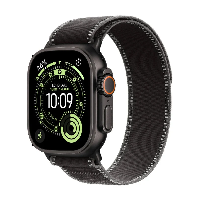 ساعة آبل ألترا 3 - LTPO OLED / 64 جيجابايت / 49 مم / بلوتوث / واي فاي / اتصال خلوي / صغير/متوسط / هيكل تيتانيوم أسود مع سوار تريل لوب أسود/فحمي