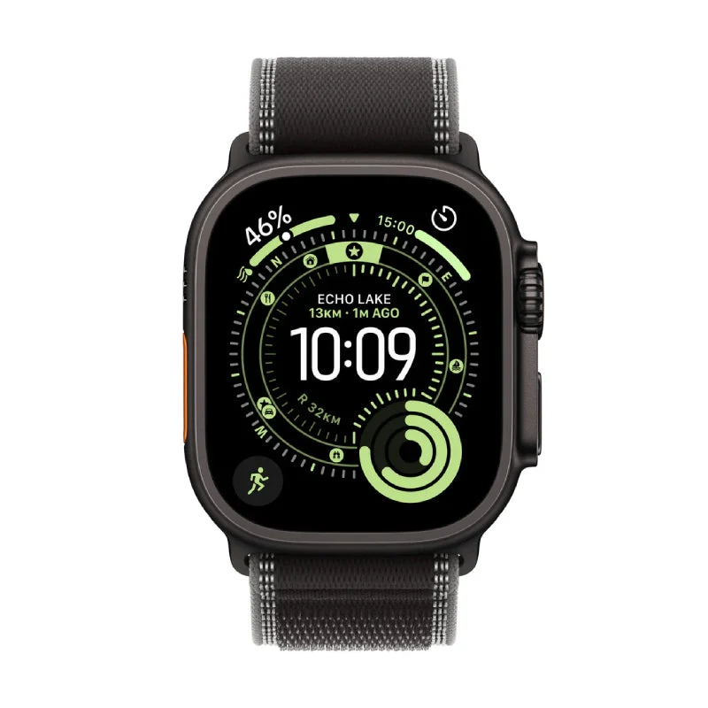 ساعة آبل ألترا 3 - LTPO OLED / 64 جيجابايت / 49 مم / بلوتوث / واي فاي / اتصال خلوي / صغير/متوسط / هيكل تيتانيوم أسود مع سوار تريل لوب أسود/فحمي