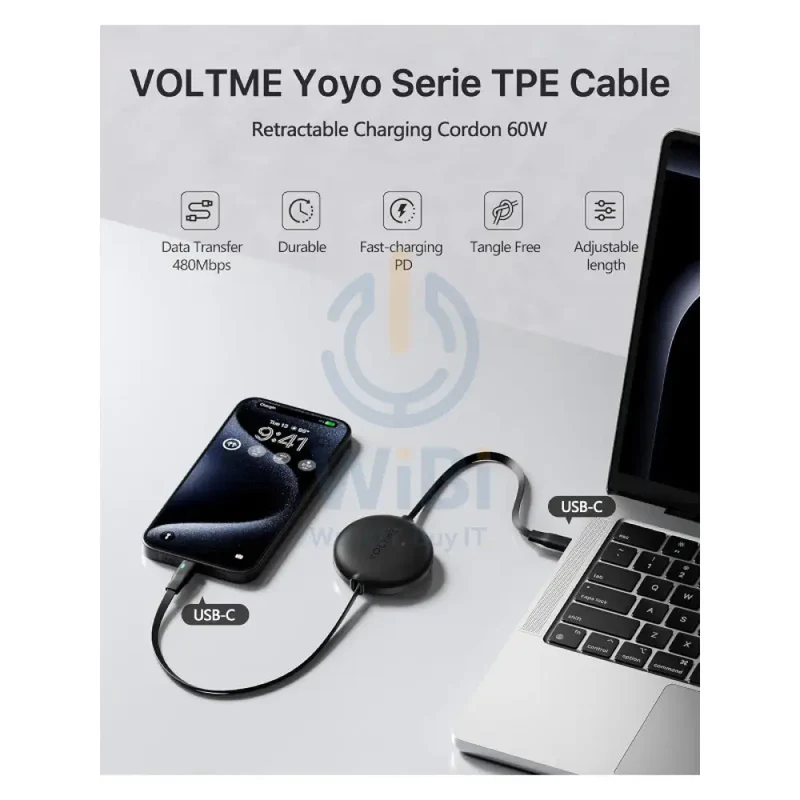 VOLTME Powerlink YoYo Dual-Way Retractable Cable - 1 Meter / 60W / USB-C / Black