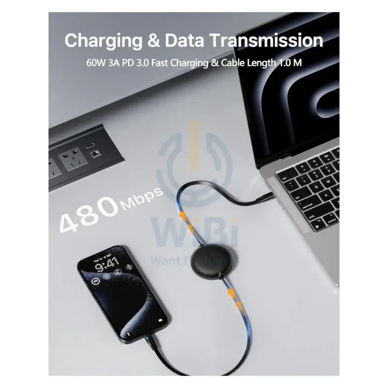 VOLTME Powerlink YoYo Dual-Way Retractable Cable - 1 Meter / 60W / USB-C / Black