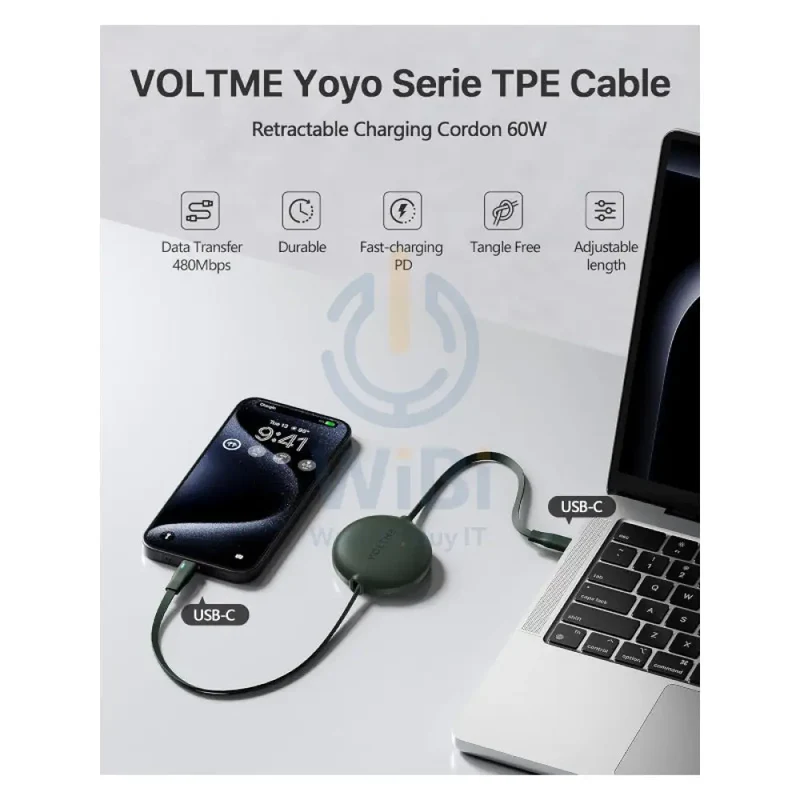 VOLTME Powerlink YoYo Dual-Way Retractable Cable - 1 Meter / 60W / USB-C / England Green