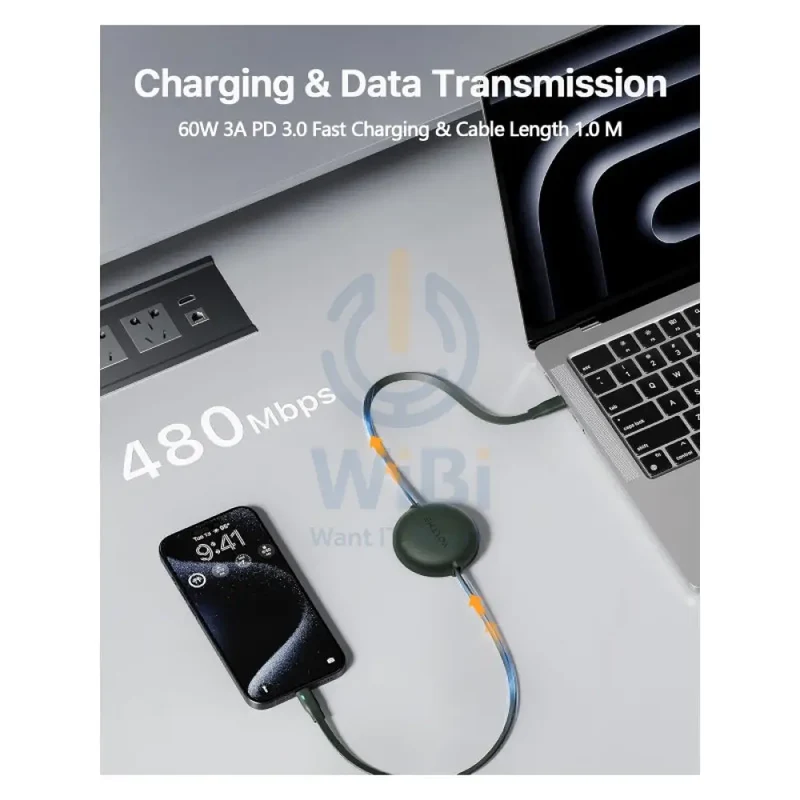 VOLTME Powerlink YoYo Dual-Way Retractable Cable - 1 Meter / 60W / USB-C / England Green