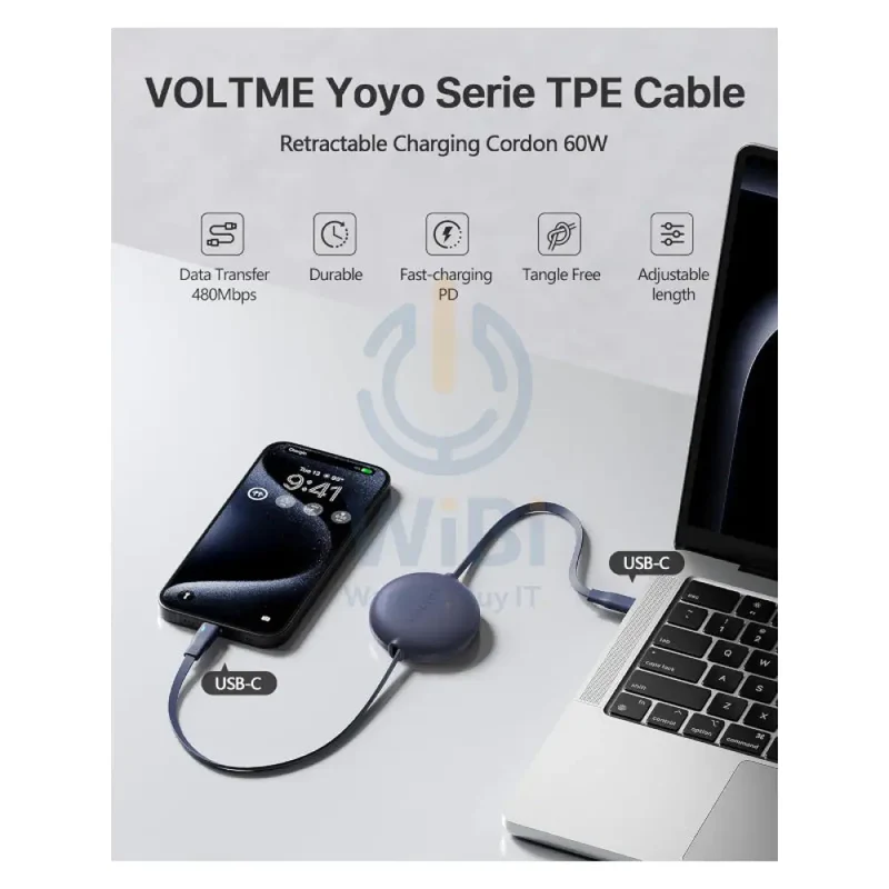 VOLTME Powerlink YoYo Dual-Way Retractable Cable - 1 Meter / 60W / USB-C / Navy Blue