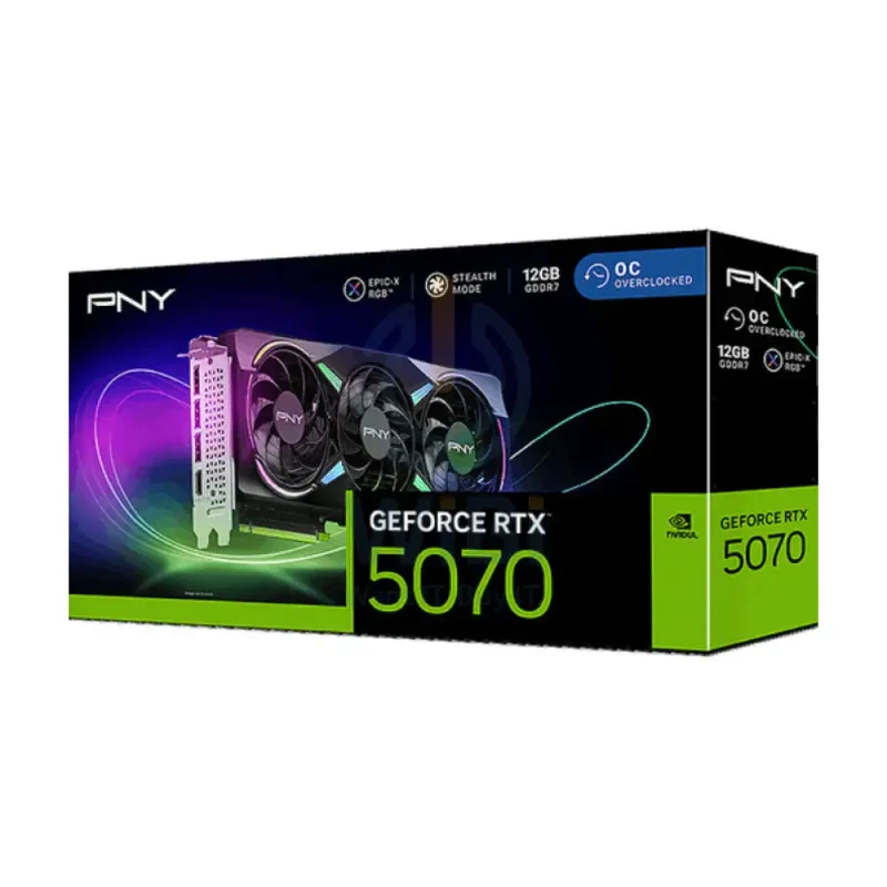 PNY NVIDIA GeForce RTX 5070 ARGB EPIC-X RGB OC Triple Fan Graphics Card - 12GB / GDDR7 / 192-Bit / PCIe 5.0 / DisplayPort 2.1 / HDMI 2.1 / One Year Warranty