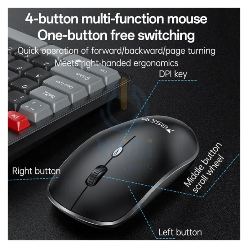 Yesido KB43 Wireless Keyboard And Mouse Set - 2.4G / 10M / Up to 1600 dpi / Arabic - Black