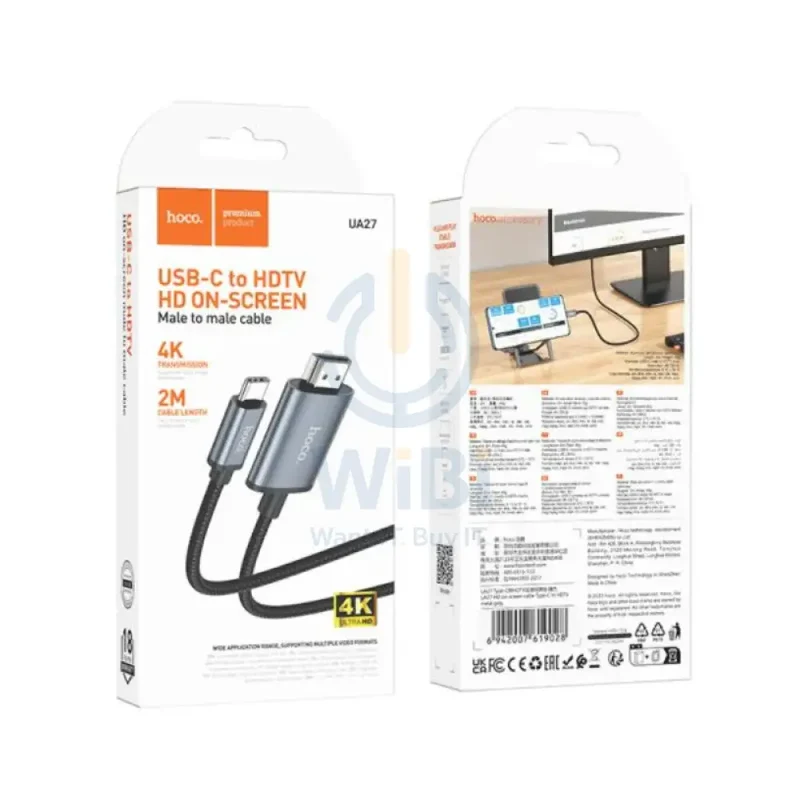 كابل هوكو UA27 HD على الشاشة، 2 متر، Type-C، HDMI، رمادي معدني