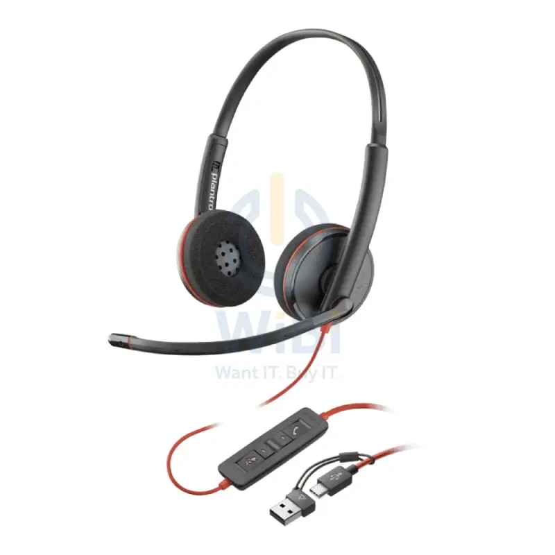 سماعة رأس HP بولي بلاك واير 3220 ستيريو USB-C، توضع على الأذن، مع محول USB-C/A، ضمان سنتين