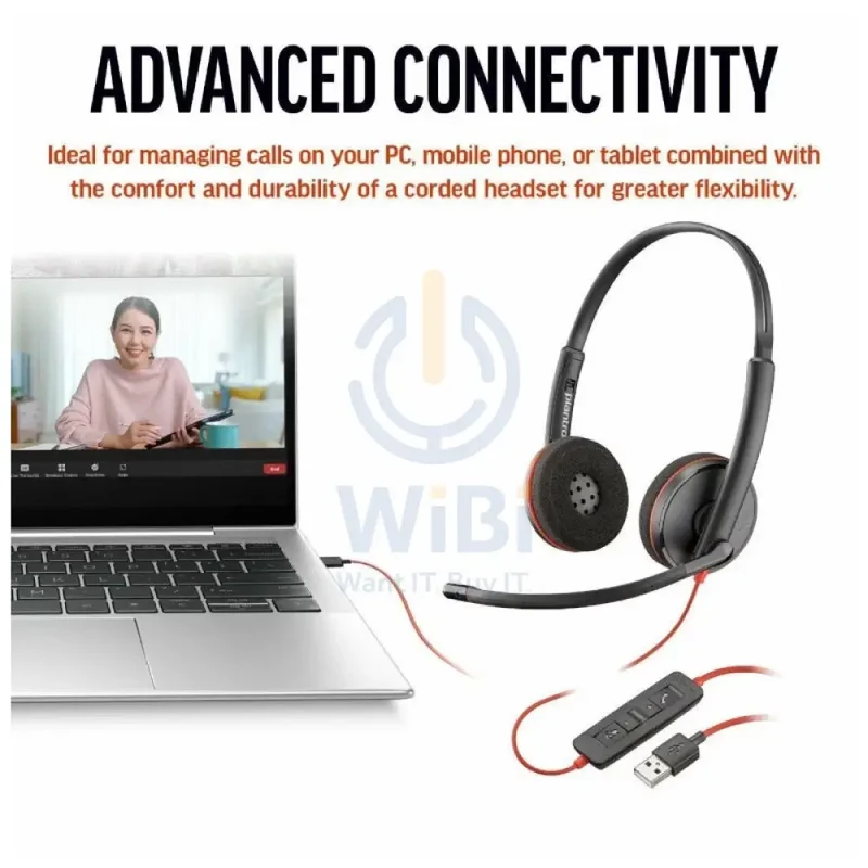 سماعة رأس HP بولي بلاك واير 3220 ستيريو USB-C، توضع على الأذن، مع محول USB-C/A، ضمان سنتين
