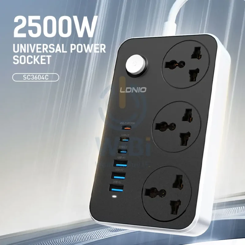 مقابس تمديد لدنيو SC3604C بثلاثة مخارج، بطول 2 متر، 3 منافذ يو إس بي و3 منافذ يو إس بي-C، باللون الأسود