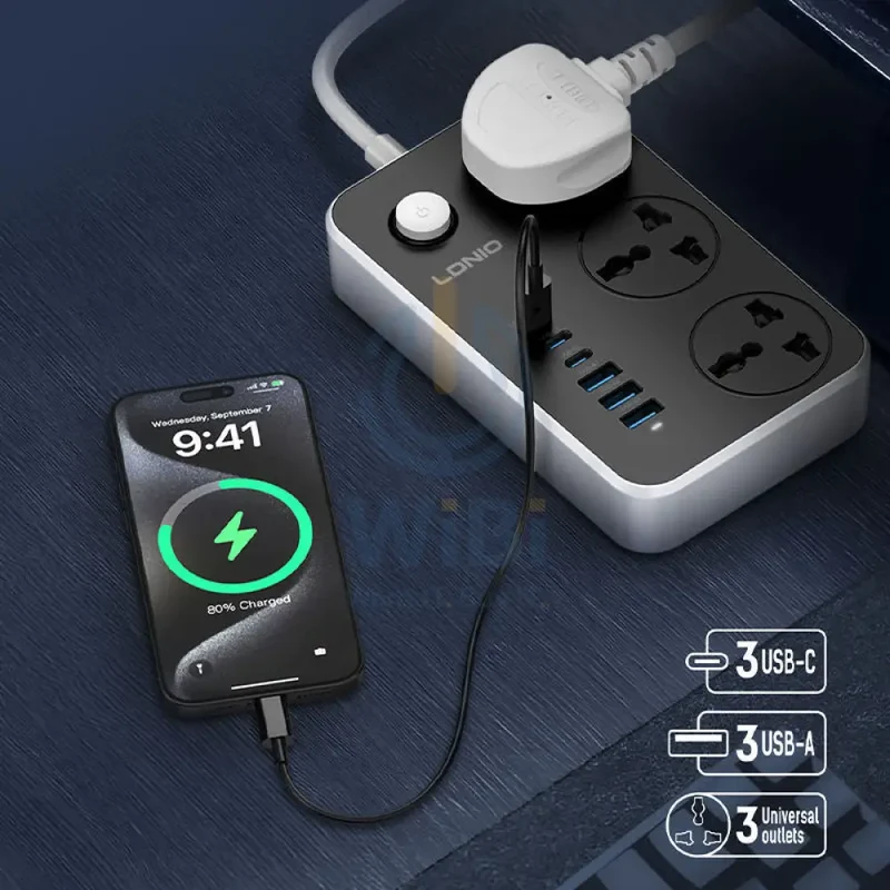 مقابس تمديد لدنيو SC3604C بثلاثة مخارج، بطول 2 متر، 3 منافذ يو إس بي و3 منافذ يو إس بي-C، باللون الأسود