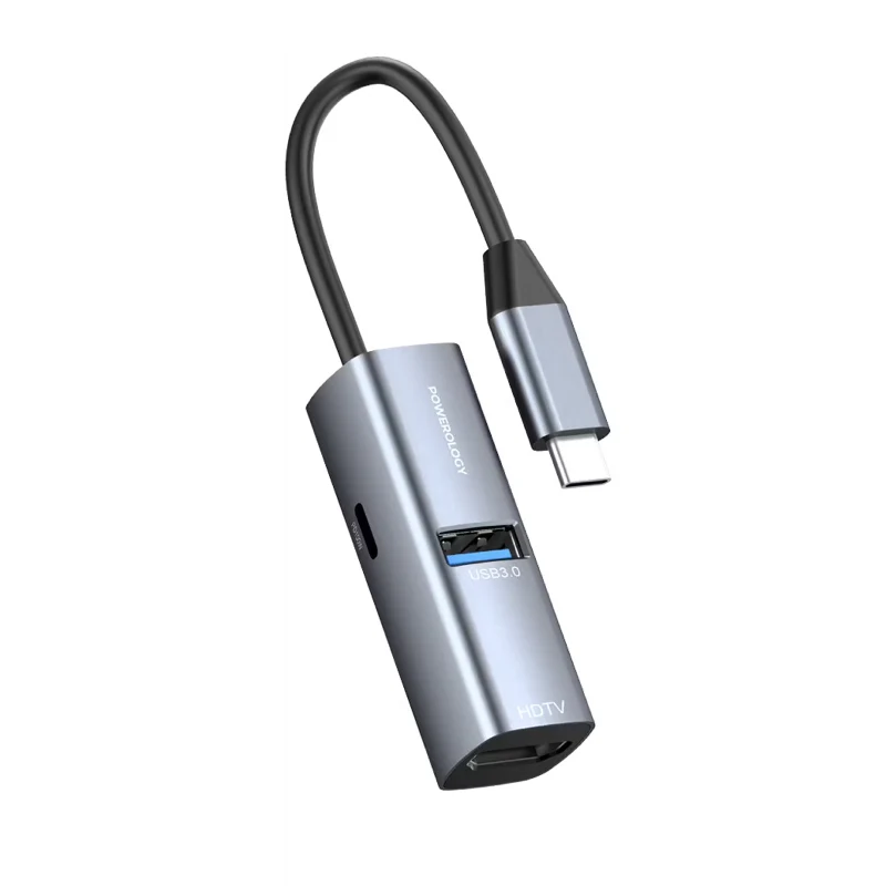 موزع طاقة باورولوجي ألومنيوم ميني USB-C، HDMI بدقة 4K، USB 3.0، USB-C