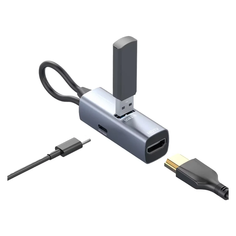 موزع طاقة باورولوجي ألومنيوم ميني USB-C، HDMI بدقة 4K، USB 3.0، USB-C