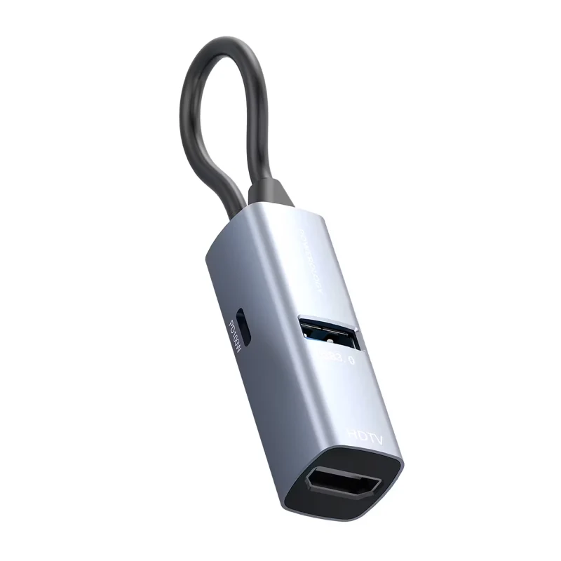 موزع طاقة باورولوجي ألومنيوم ميني USB-C، HDMI بدقة 4K، USB 3.0، USB-C
