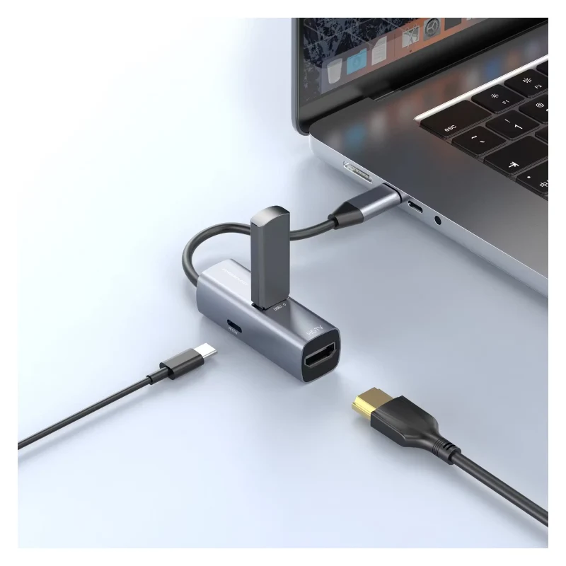 موزع طاقة باورولوجي ألومنيوم ميني USB-C، HDMI بدقة 4K، USB 3.0، USB-C