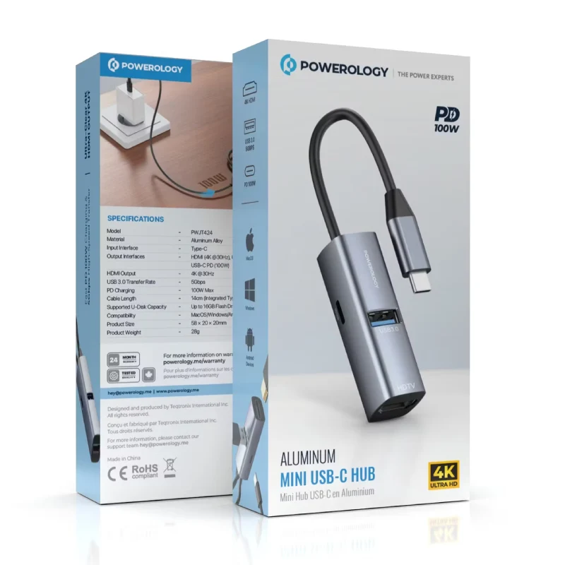 موزع طاقة باورولوجي ألومنيوم ميني USB-C، HDMI بدقة 4K، USB 3.0، USB-C