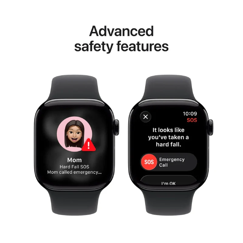 ساعة أبل سيريز 11 - شاشة LTPO OLED / ‏64 جيجابايت / 42 مم / بلوتوث / واي فاي واتصال خلوي / مقاس صغير ومتوسط / هيكل ألومنيوم أسود لامع وسوار رياضي أسود