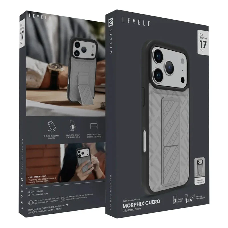 Levelo Morphix Cuero Gripstand Case For Apple iPhone 17 Pro Max - Cloud Grey