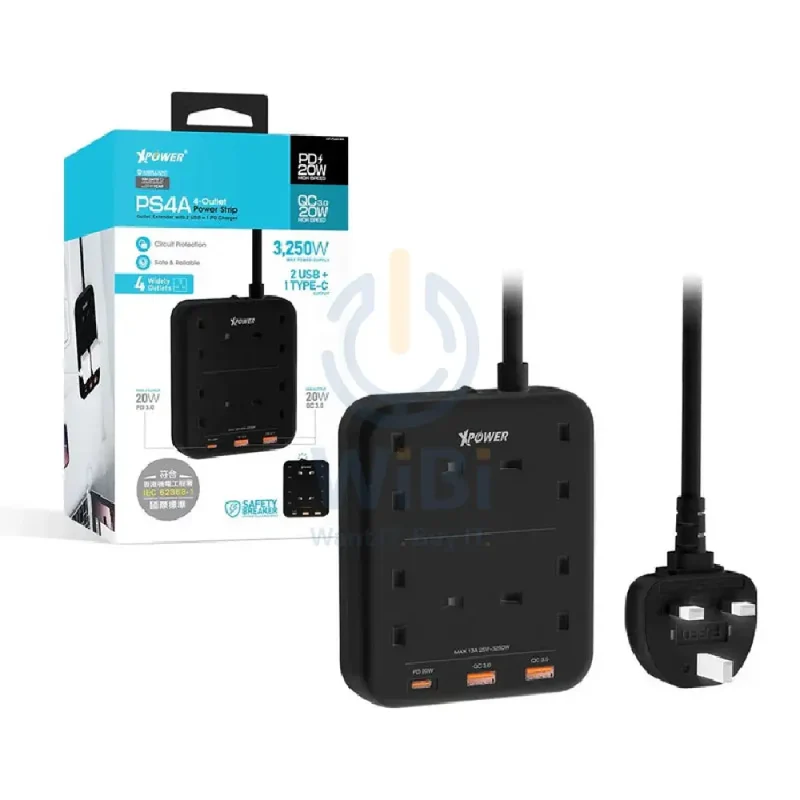 XPower PS4A 7 Output Sockets Power Strip - 3250W / 1 x Type-C / 2 x USB 3.0 / 3 Meter / Black