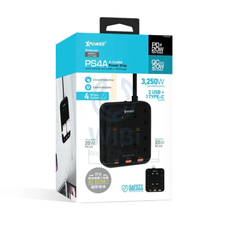 XPower PS4A 7 Output Sockets Power Strip - 3250W / 1 x Type-C / 2 x USB 3.0 / 3 Meter / Black