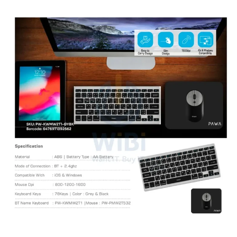 PAWA Keyboard & Mouse Combo - Bluetooth / 2.4GHz / 1600dpi / Arb/Eng / Grey/Black - Keyboard & Mouse Combo