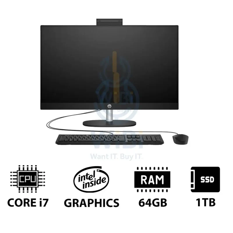 HP 27-CR0011NE AIO PC - i7 / 64GB / 1TB (NVMe M.2 SSD) / 27" FHD Touch / DOS (Without OS) / 1YW / Jet Black - Desktop
