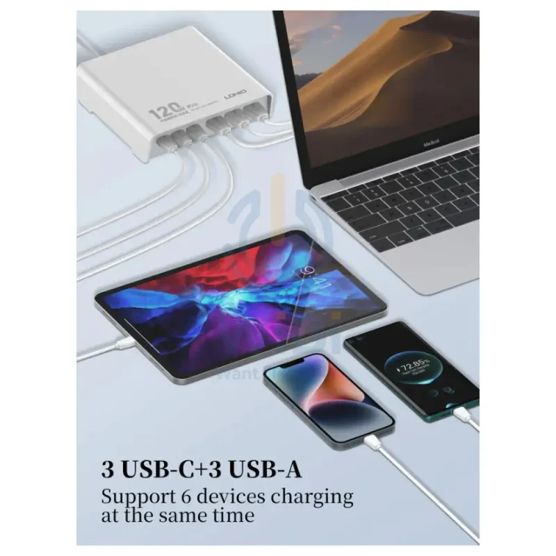 LDNIO Q605 Multi-ports Desktop Charging Station - 120W / 3x USB-C / 3x USB-A / White