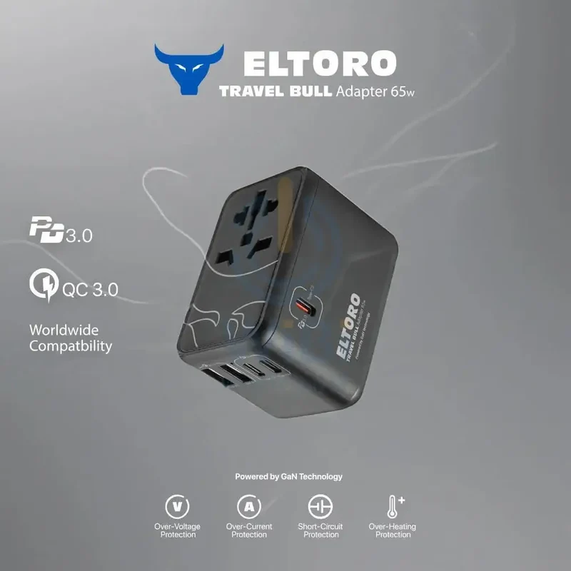 Eltoro 65W Travel Bull Adapter PD GaN Tech USB-A 2 Ports/USB-C 3 Ports – Black