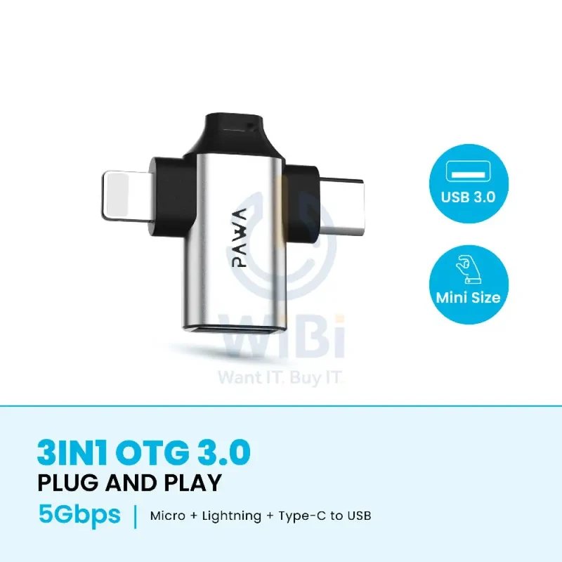 PAWA 3-in-1 OTG Adapter - Lightning / Type-C / Micro USB / 5Gbps / Grey