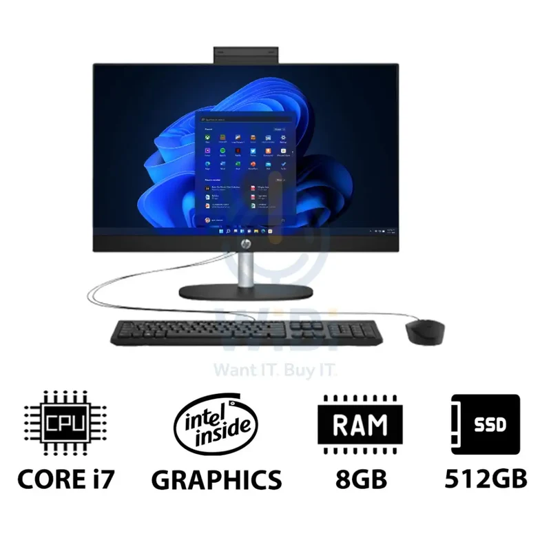 HP 24-CR0041NE AIO PC - 23.8" FHD Non-Touch / i7 / 8GB / 512GB (NVMe M.2 SSD) / Win 11 Pro / 1YW / Jet Black - Desktop