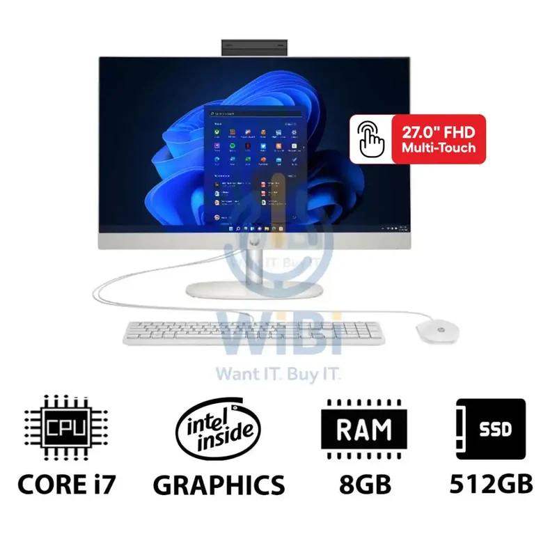 HP 27-CR0010NE AIO PC - i7 / 8GB / 512GB (NVMe M.2 SSD) / 27" FHD Touch / Win 11 Pro / 1YW / Shell White - Desktop
