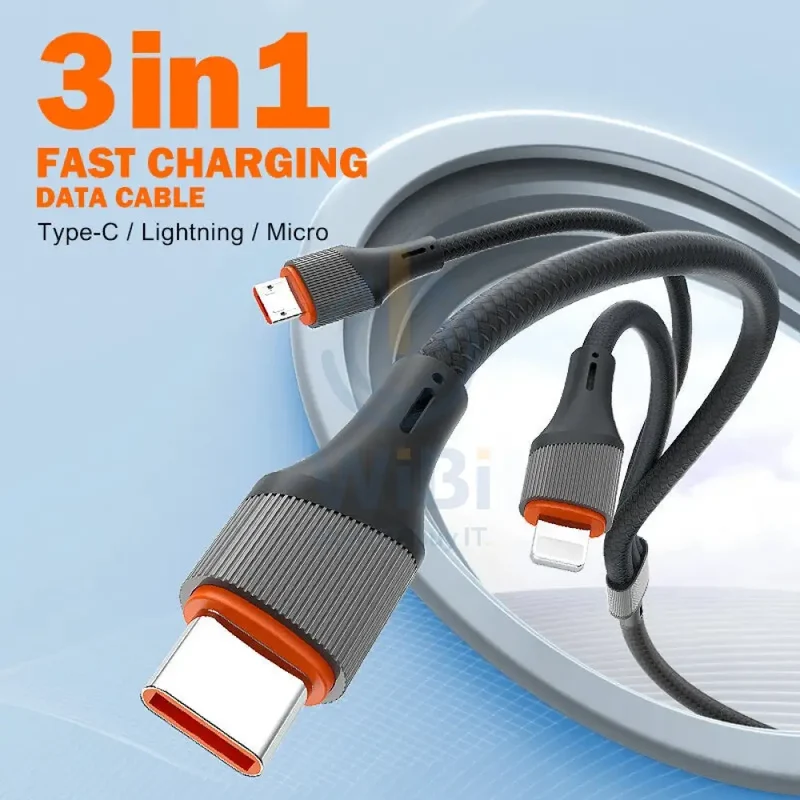 LDNIO LC96U 3-in-1 Fast Charging Data Cable - 1.2 Meter / Type-C / Lightning / Micro USB / Grey