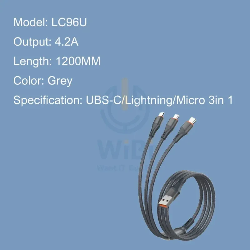 LDNIO LC96U 3-in-1 Fast Charging Data Cable - 1.2 Meter / Type-C / Lightning / Micro USB / Grey