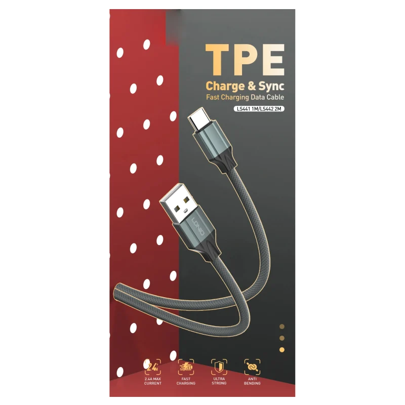 كابل بيانات وشحن سريع إل دي نيو LS442 - 2 متر / USB-A / USB-C / رمادي