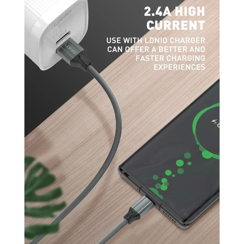 كابل بيانات وشحن سريع إل دي نيو LS442 - 2 متر / USB-A / USB-C / رمادي